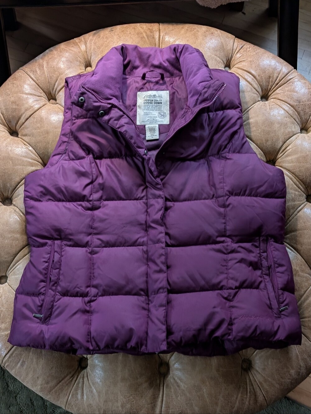Eddie Bauer Women's Purple Goose Down Puffer Vest Size XL Full Zip Pockets Warm